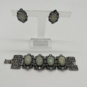 Vintage Unsigned SELRO Aqua & Gold Confetti Lucite Panel Bracelet & Earring Set